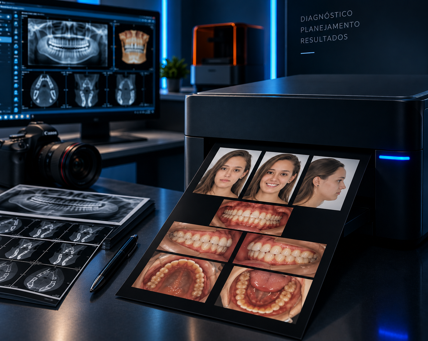 Impressora da PrintSafe produzindo documentação fotográfica odontológica em ambiente de diagnóstico por imagem